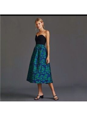 Anthropologie Sunday in Brooklyn Jacquard Blue and Green Floral A-Line Skirt